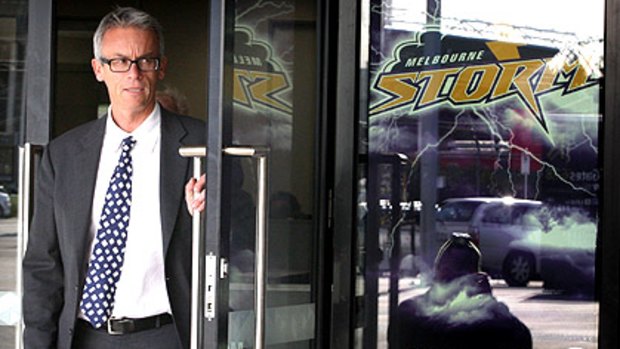 NRL chief David Gallop leaves Storm HQ yesterday.