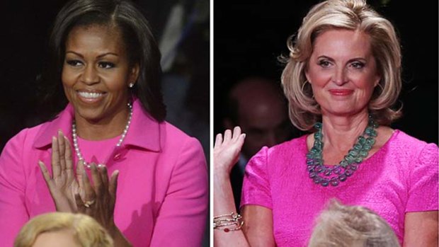 A Presidential pink-off ... Michelle Obama and Ann Romney during the second Presidential debate.