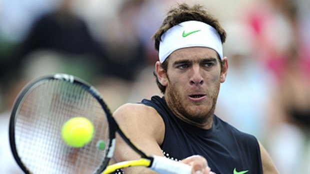 Argentina’s Juan Martin Del Potro on his way to defeating Ivan Ljubicic of Croatia 6-3, 6-3 in the eight-man AAMI Classic at Kooyong yesterday.