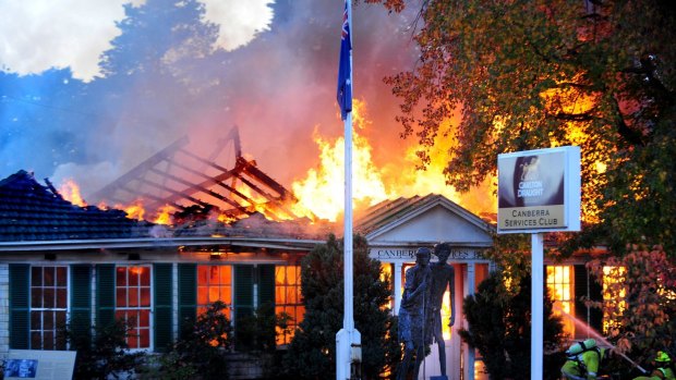 Fire engulfs the Canberra Services Club in Manuka. 