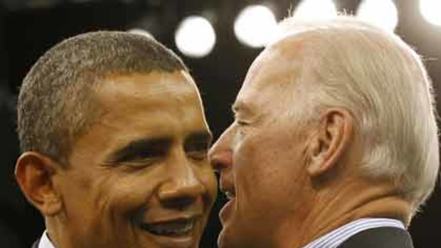 Smaller drawcard ... Barack Obama and Joe Biden at the Cleveland rally.