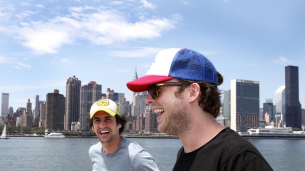 Long-time friends and comedy partners Andy Lee and Hamish Blake, seen here comparings hats and dentistry on the Hudson River, are busy preparing for their upcoming television show, <i>Hamish & Andy's Gap Year</i>.