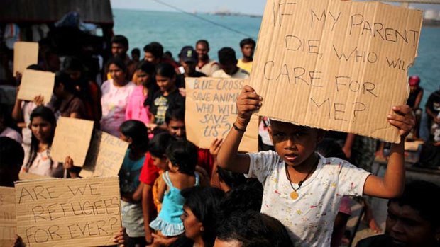 Protest ... Sri Lankan asylum seekers in Indonesia.