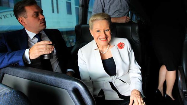 Bronwyn Bishop on the Liberal party bus in Hurstville, Sydney.