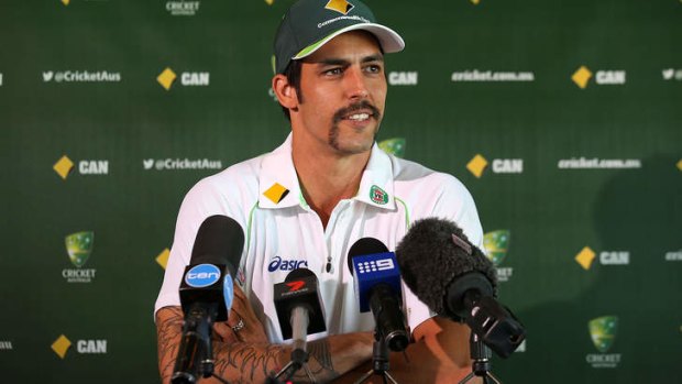 Australian fast bowler Mitchell Johnson addresses the media during a media session at the WACA.