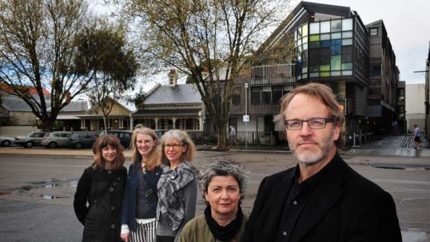 MGS architects Catherine Ranger, Rosanna Blacket, Sue Buchanan, Eli Giannini and Rob McGauran, outside their Port Melbourne social housing project.