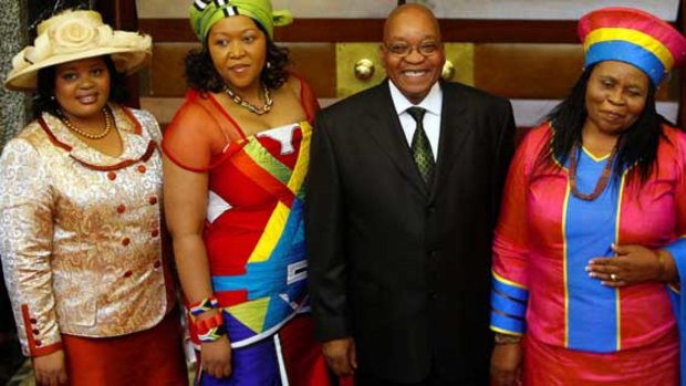 Jacob Zuma with wives (from left) Nompumelo Ntuli,  Madiba and  Sizakele Khumalo.