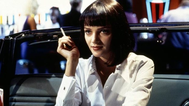 Uma Thurman lights up in an iconic scene from Pulp Fiction.