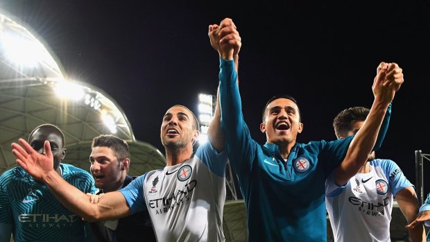 Happy days: Melbourne City players celebrate their FFA Cup semi-final win.