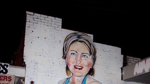The mural of Hillary Clinton  by Melbourne artist Lushsux on the side of Footscray West shop Mr Mobility.