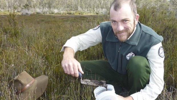 Ranger Brandon Galpin collects silts from an alpine bog in the Brindabellas.