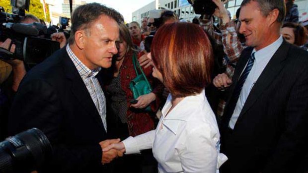 Julia Gillard is confronted by former Labor leader Mark Latham as he moonlights for current affairs programme, <i>60 Minutes</i>. <i>Picture:Andrew Meares</i>