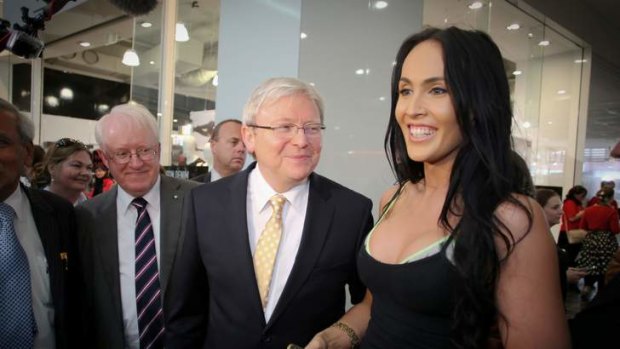 Danii Alexis meets Prime Minister Kevin Rudd and the local candidate for Swan John Bissett at Westfield Carousel in Cannington in Perth.