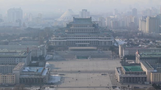 The view across the frozen Taedong River, in Pyongyang, North Korean, February 12, 2012, from the top of the Juche Tower. We can see Kim Il-sung Square and the Grand People's Study House on the opposite side of the river.