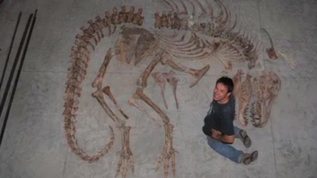 Eric Prokopi with a skeleton of the <i>Tyrannosaurus bataar</i>.