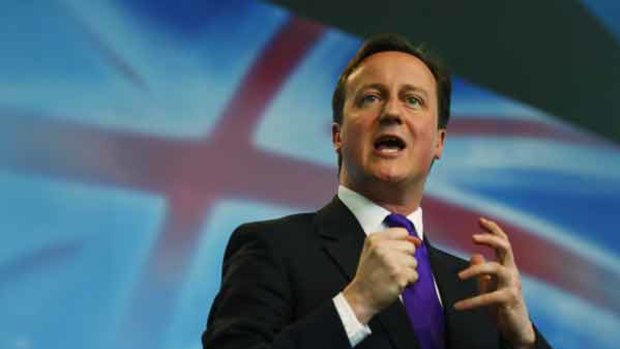 Britain's Conservatives leader David Cameron delivers his speech during the launch of his party's manifesto in London.
