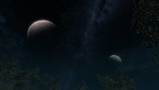The night sky in Skyrim features two moons, apparently lit by two different suns.