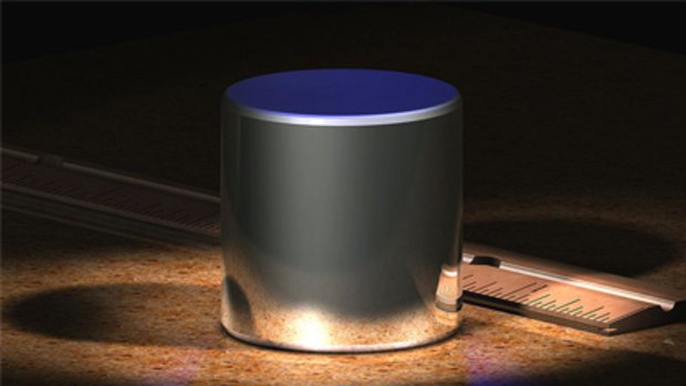A computer-generated image of the international prototype kilogram, which is kept in a vault at the International Bureau of Weights and Measures near Paris.