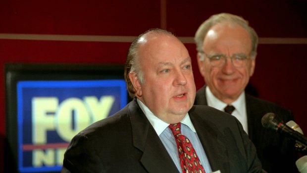 Roger Ailes speaks at a news conference as Rupert Murdoch looks on in 1996. Photo: Richard Drew.