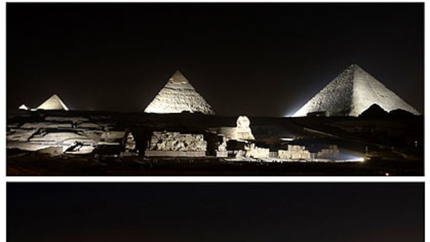 At Giza, Egypt, the pyramids and the Sphinx before (top) and during Earth Hour near Cairo on Saturday night.