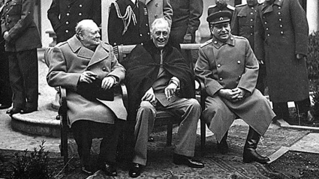 British prime minister Winston Churchill (left), US president Franklin Roosevelt and Soviet premier Joseph Stalin at Yalta, Crimea, in 1945 deciding the shape of Europe after World War II.