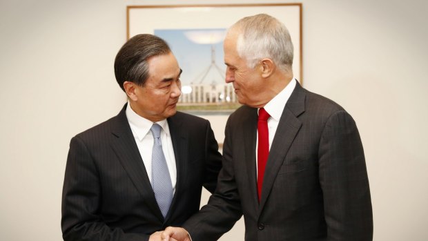 Prime Minister Malcolm Turnbull meets with Chinese Foreign Affairs Minister Wang Yi at Parliament House in Canberra on Tuesday.