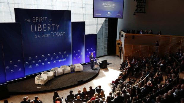 Former US President George W. Bush speaks at a forum sponsored by the George W. Bush Institute in New York.