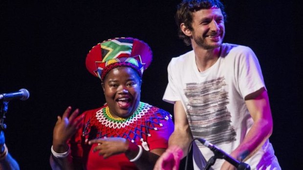 Weekend's hardest working man: Gotye with one of the Mahotella Queens.
