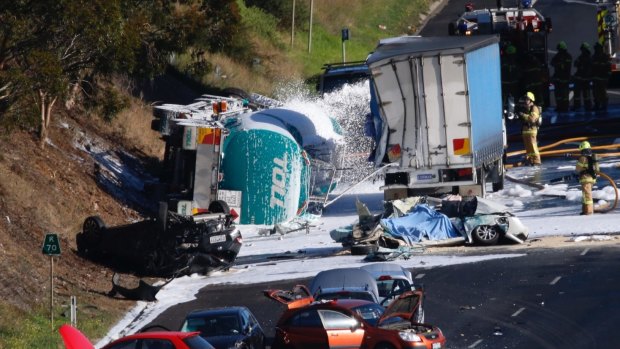 The scene of the crash on the Calder Freeway on Tuesday morning. 
