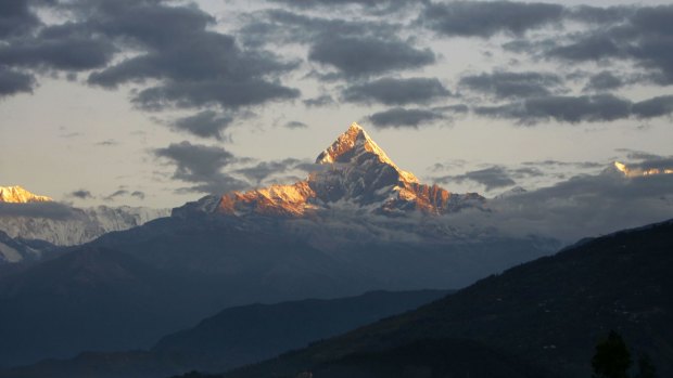 Mount Machhapuchhre, which stands at 6993 metres and forms part of the Annapurna region, is seen from Pokhara.