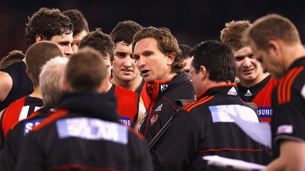 James Hird talks to his charges during Essendon's clash against Sydney last night.