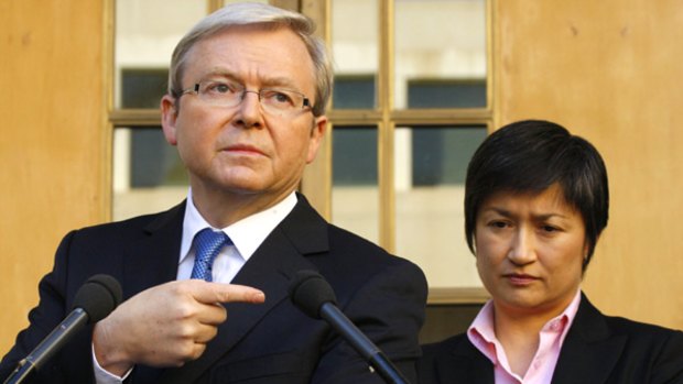 Prime Minister Kevin Rudd and the Minister for Climate Change and Water Penny Wong during the announcement of the Government s changes to the Carbon Pollution Reduction Scheme in Canberra.