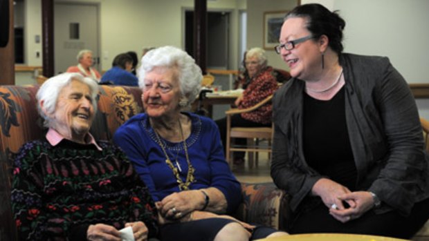 Plan ahead ... Lin Hatfield-Dodds, the national director of UnitingCare Australia, right, chats with  96-year-old Dora Murrant, left, and Claire Bridge, 84, at Mirinjani Nursing Home, Weston, ACT. Photo: Graham Tidy