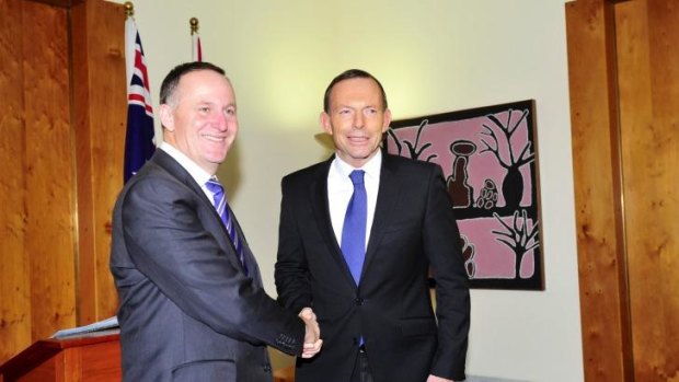 New Zealand Prime Minister John Key with Australian Prime Minister Tony Abbott. The Kiwi PM wants a more distinctive flag.