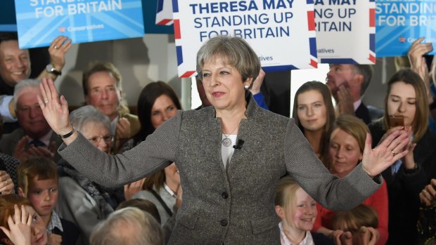 British Prime Minister Theresa May speaks at an election campaign rally in Banchory, Scotland.