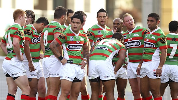 Dejected ... the Rabbitohs re-group after a try is scored against them.