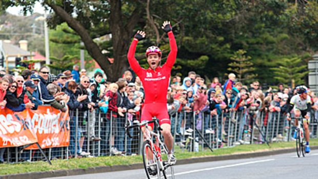 Rhys Pollock wins the Melbourne to Warrnambool Classic in tough conditions yesterday.