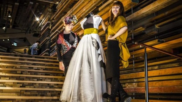 Hustle & Scout, at Nishi, Canberra. From Left: Jade Sargent - Designer, and Tegan McAuley who is the The Founder of Hustle & Scout. They are wearing designs from Jade Sargent's collection SOVATA.