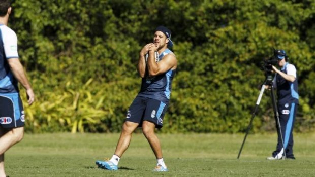 In focus: Blues fullback Jarryd Hayne practises his catching at NSW training at Coffs Harbour on Thursday.