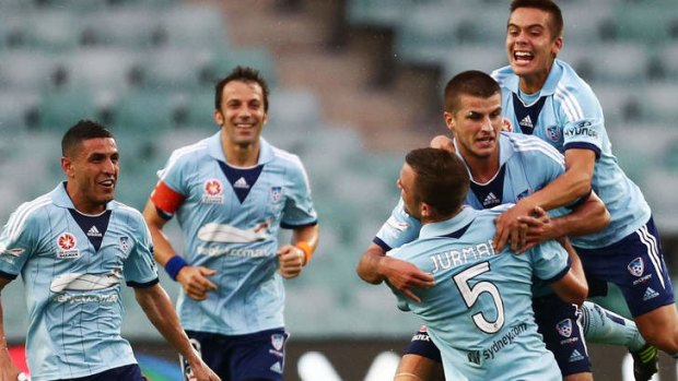 In it to win it: Sydney FC celebrate a goal during the win against Newcastle Jets.