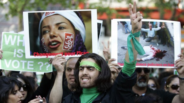 Iranians demonstrate near the Iranian embassy in Paris on Friday.