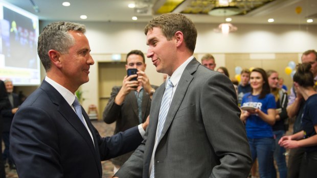 Canberra Liberals Jeremy Hanson and Alistair Coe on Saturday night. 