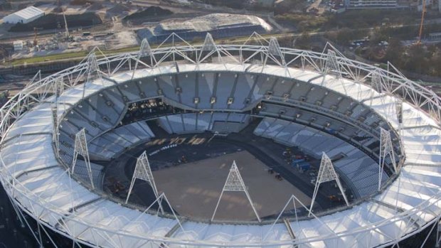 Ready to go &#8230; an aerial view of London's Olympic Stadium.