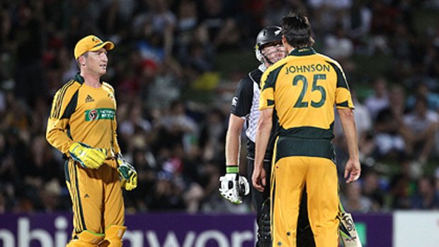 Scott Styris faces up to Mitchell Johnson last night. New Zealand won by four balls in Napier last night with Styris hitting a six to end the game.