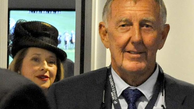 Falling out: racehorse owner John Singleton and trainer Gai Waterhouse leave the stewards room.
