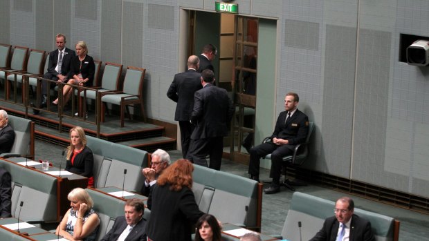 A group of Coalition MPs walk out of the chamber while Opposition Leader Bill Shorten raised the budget in his Closing the Gap speech.