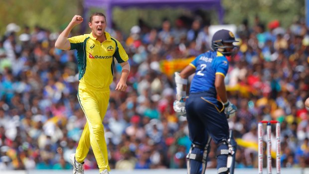 Australia's Josh Hazlewood celebrates the dismissal of Sri Lanka's Kusal Mendis during the third ODI.