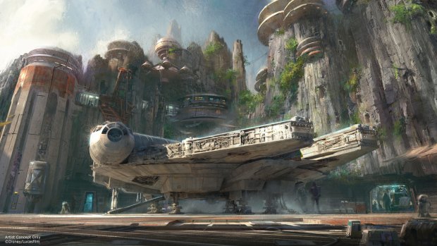 The Milllennium Falcon is pictured in this Disney artist's impression of Star Wars-themed lands coming to Disney Parks.
