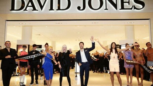 David Jones brand ambassadors Emma Freedman, Jason Dundas and Jessica Gomes along with David Jones group executive for merchandise Donna Player officially open the new David Jones store at Macquarie Centre in North Ryde.