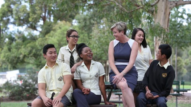 Miller High School Deputy Principal Jennifer Lawrence with students (L-R) Terry Nong, Tiffany Sisouvath, Clarisse Dorika, Lauren Williams and Andy Chung.